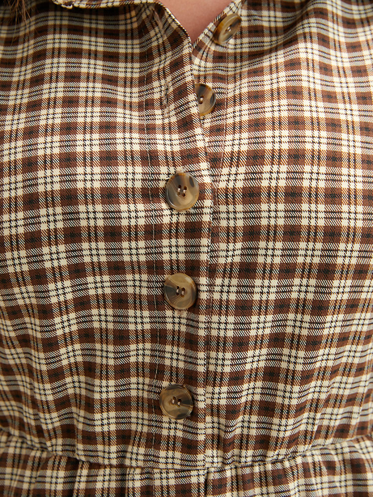 

Plus Size Gingham Pocket Button Up Shirt Collar Dress Without Belt Bronze Women Office Pocket Shirt collar Long Sleeve Curvy Midi Dress BloomChic